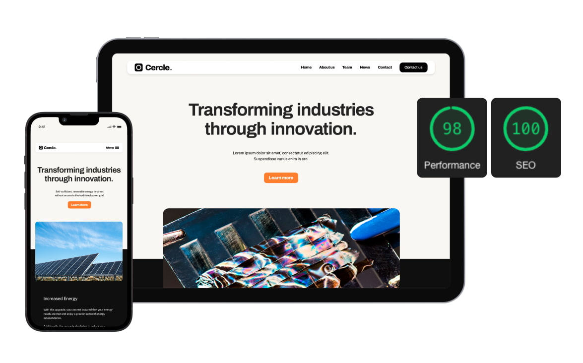 collage of multiple breakpoints of a webflow website and high performance score
