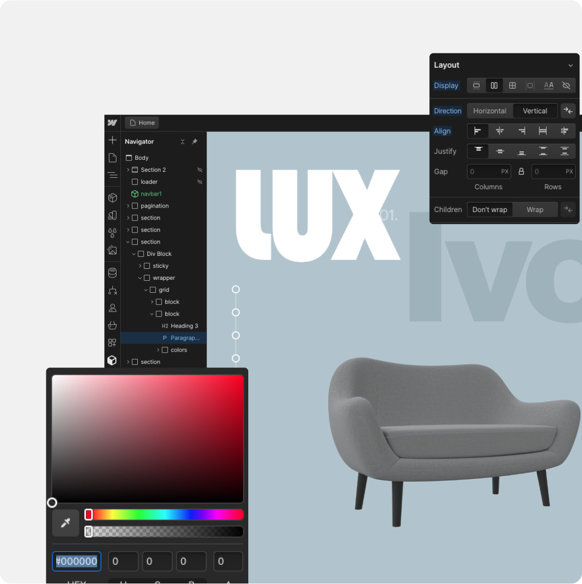 collage of webflow design UI components