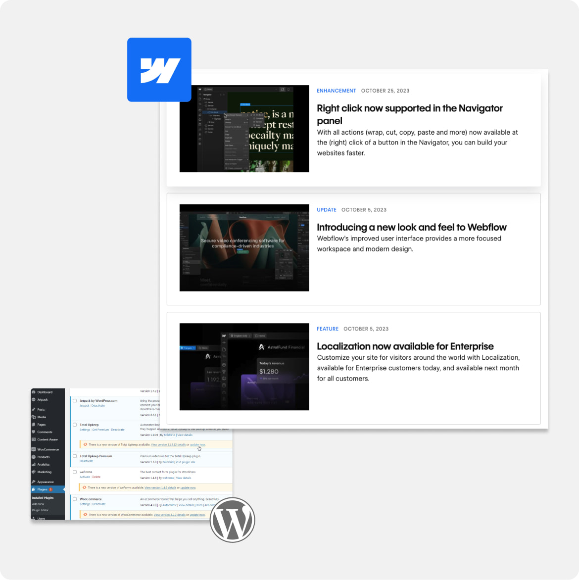 screenshot of webflow updates and old wordpress plugins