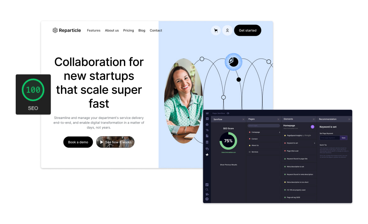 collage of webflow website with seo tools surrounding a screenshot of a homepage
